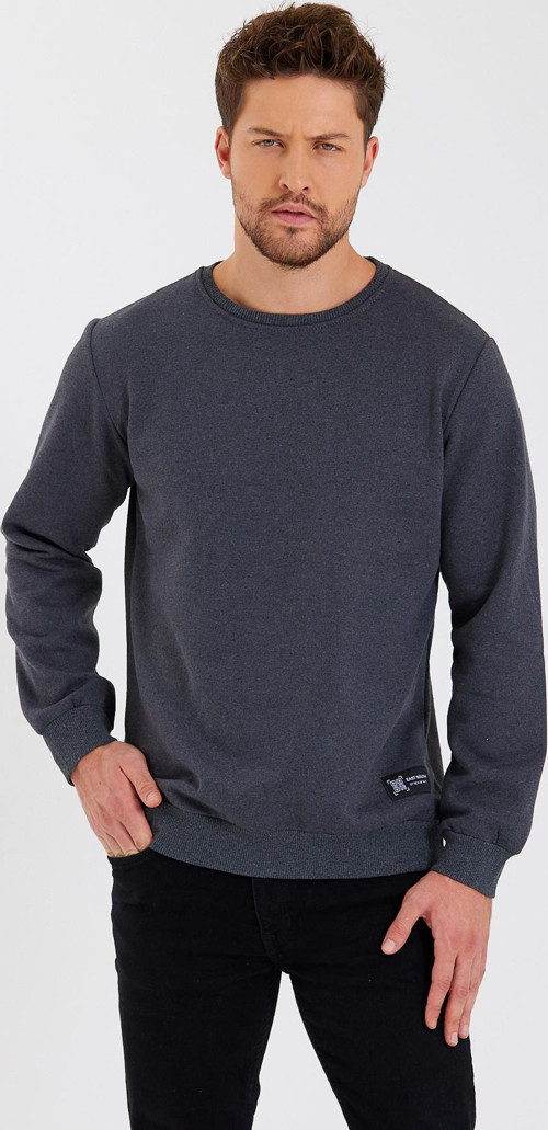 Siyah Bisiklet Yaka Etiket Detaylı İçi Pamuklu Erkek Sweatshirt