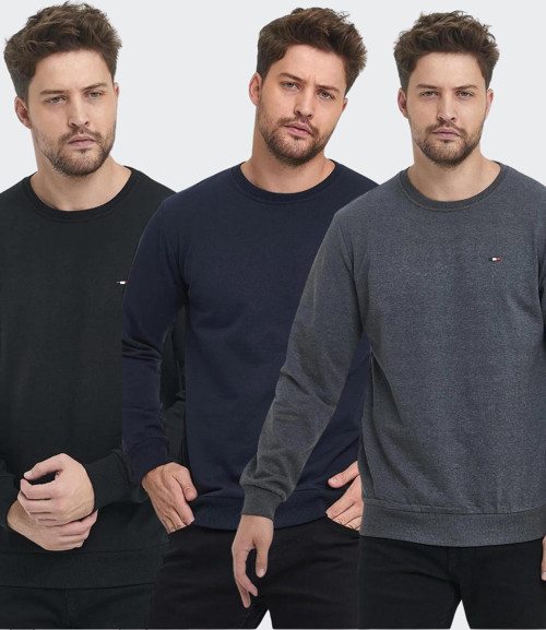 Erkek Siyah-Lacivert-Antrasit Bisiklet Yaka Nakış Detaylı Regular Fit 3'Lü Sweatshirt