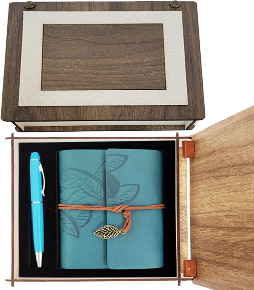 Büro Ev Ofis Hediyesi için Ahşap Kutulu 2PARÇA Kutulu Mavi Deri Defter Kalem Seti