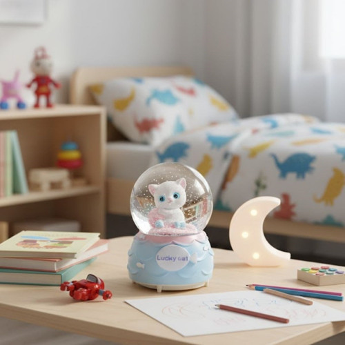 Büro Ev Ofis Dekoru için Pilli Led Işıklı Toplu Kedi Tema Müzikli Kar Küresi
