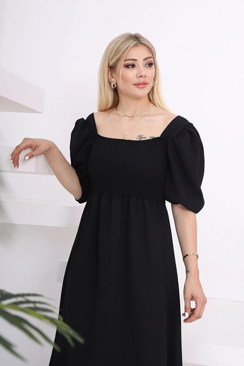 Kadın Aerobin Kumaş Göğüsü Gipeli Midi Boy Kısa Kollu Kare Yaka Siyah Elbise 055