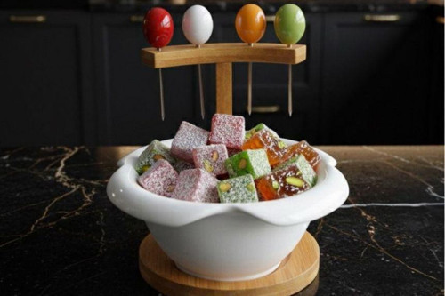 Renkli Çatallı Lokum & Atıştırmalık Sunum Seti – Porselen Kase + Bambu Stand