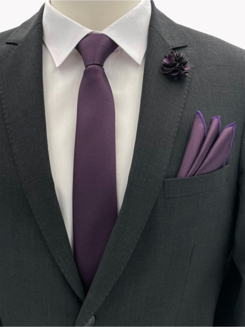 Mürdüm Kravat Mendil Yaka Çiçeği Set