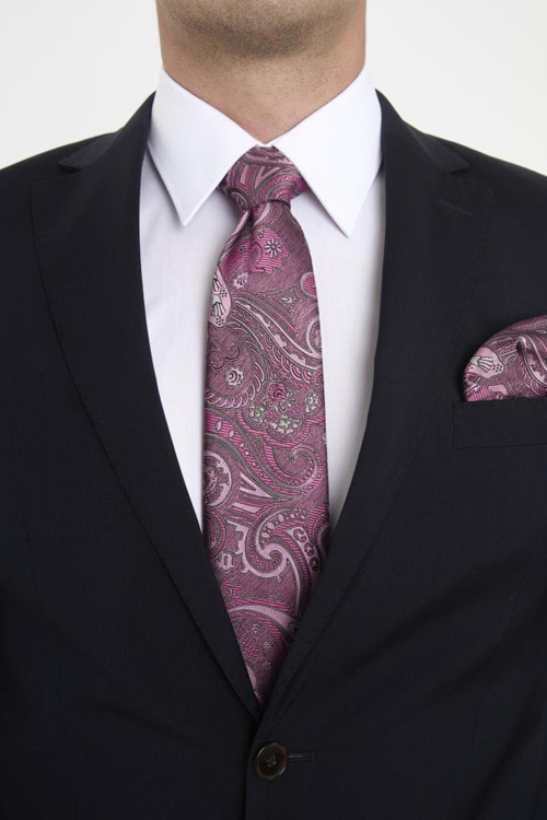 Pembe Şal Motif Desen Kravat Mendil Set