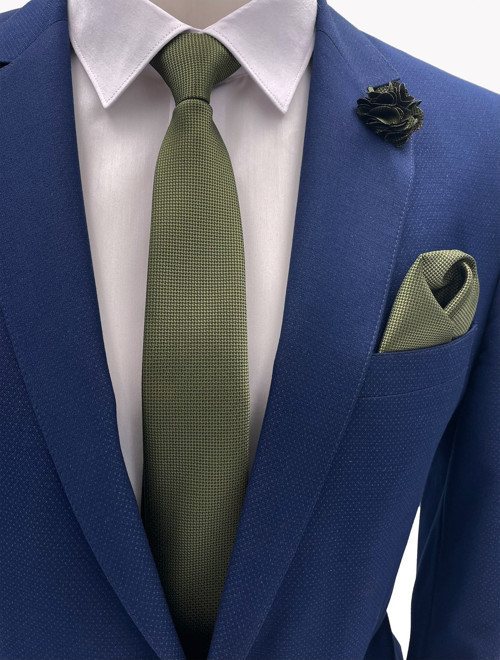 Haki Yeşili Kravat Mendil Yaka Çiçeği Set