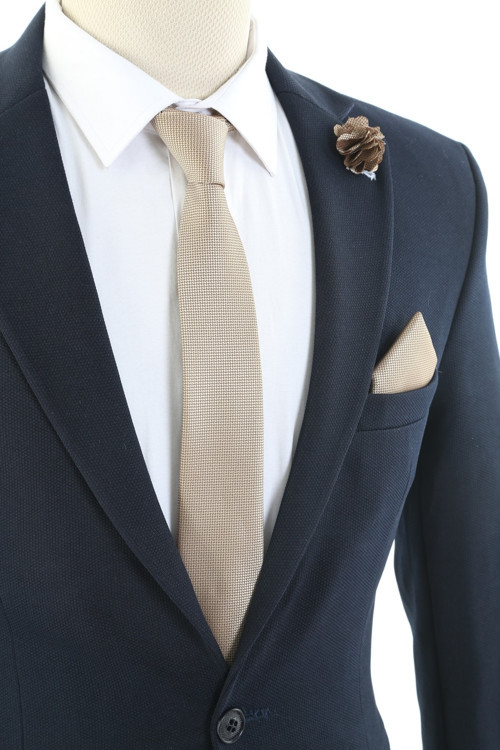 Bej Kravat Mendil Yaka Çiçeği Set