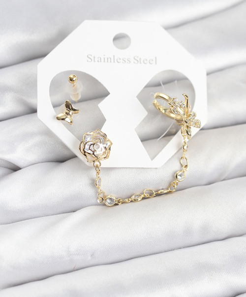 Zarif Kulaklar için Golden Pirinç Kelebek Stil Zincir Bağlantılı Ear Cuff Küpe Seti