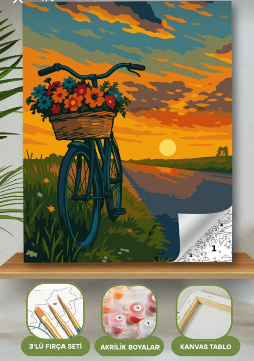 Sayılarla Boyama Seti 40X50 Cm (Çıtalı) Fırça Boya Dahil Numaralı Tuval Bisiklet Dağ Manzaralı
