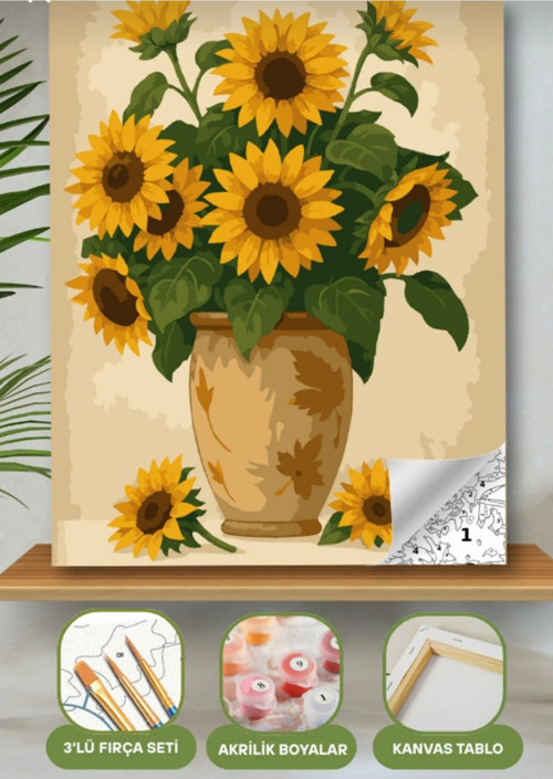 Sayılarla Boyama Seti 40X50 Cm (Çıtalı) Fırça Boya Dahil Numaralı Tuval Ay Çiçeği Toprak Uzun Vazo