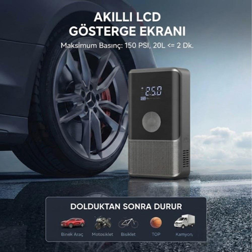 10.000mah Dijital Ekranlı Araba Akü Takviye'li Kompresör Araç Lastik Şişirme Hava Pompası - 150psı