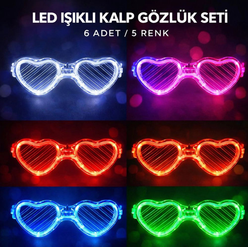 LED Işıklı Kalp Glow Pilli Parti Gözlüğü – 6 Adet / 5 Renk Set (5047)