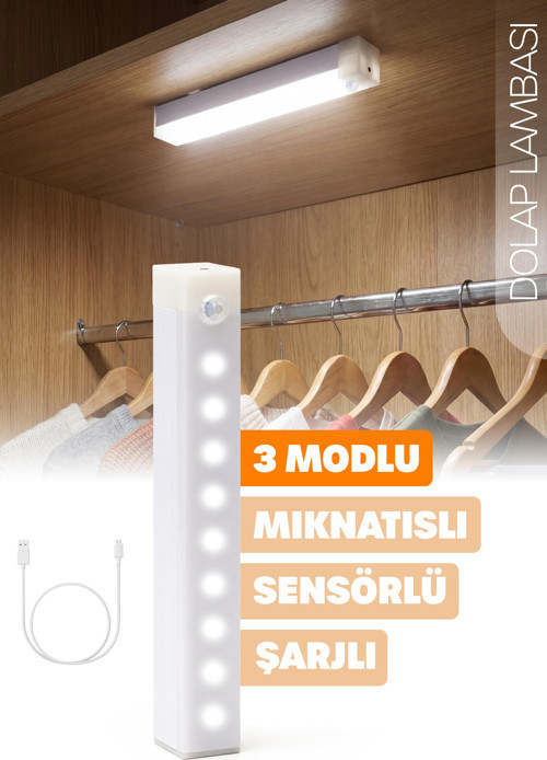 Şarjlı Otomatik Hareket Sensörlü Dolap Işığı Çekmece İçi Koridor Mutfak Merdiven Lambası 20 cm 335