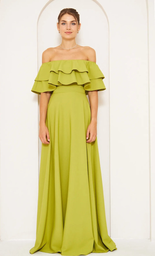 Esnek Atlas Kumaş Straplez Carmen Yaka Prenses Kesim Maxi Boy Fıstık Yeşil Abiye Elbise 164