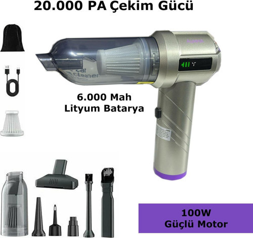 Auhma AHV-06 2 İn 1 Araç İçi Mini Süpürge & Hava Üfleme Makinesi | 20.000 Pa Çekim Gücü | Fırçasız Motor Gri -Mor