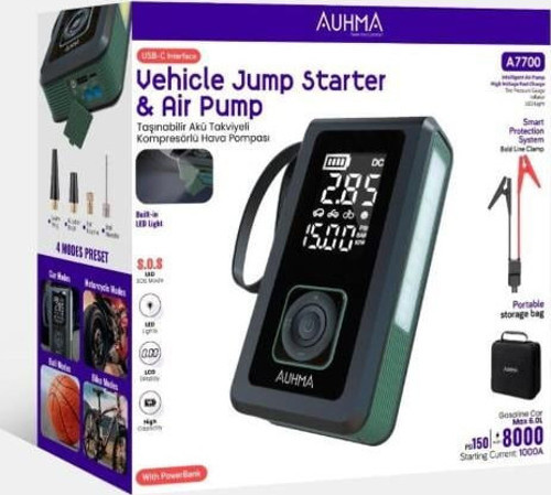 Auhma A7700 4'ü 1 Arada Akü Takviye, Şarjlı Hava Pompası, Powerbank ve Dijital Fener