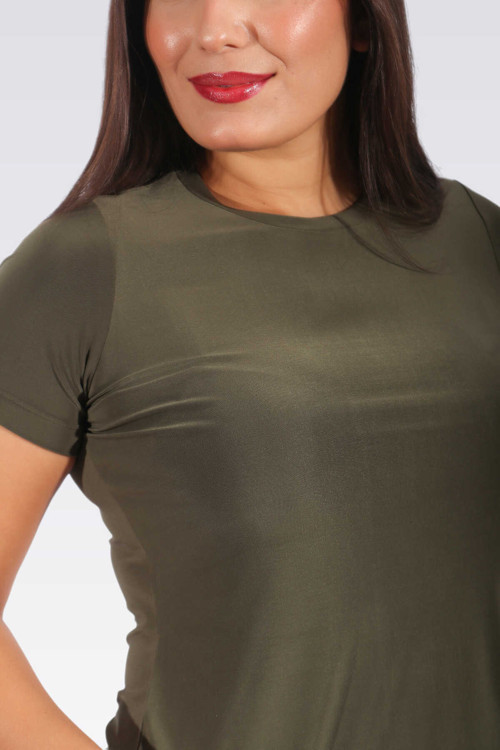 10427 Haki Bisiklet Yaka Kısa Kol Şık Kumaş Örme Bluz