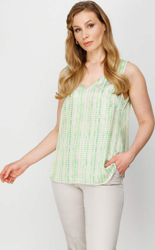 V Yaka Desenli Saten Bluz Yeşil