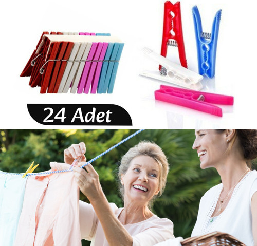 24 Adet Mandal Klasik Çamaşır Mandalı Plastik Güçlü Tutucu Çok Amaçlı