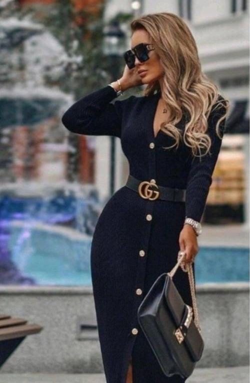 Kadın Uzun Kollu Düğme Detay örme Kaşkorse Kumaş Kemer Dahil Maxi Boy Elbise