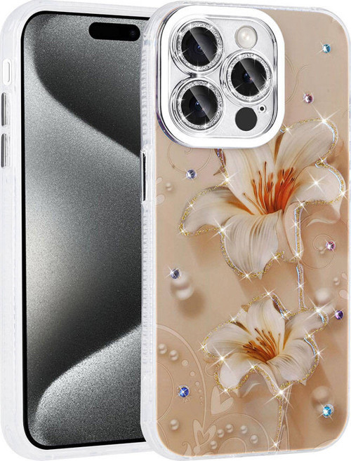 iPhone 15 Pro Max Kılıf Çiçek Desenli Parlak Taşlı Sert Silikon Garden Kılıf