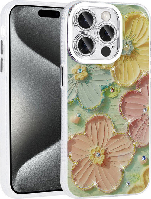 iPhone 15 Pro Max Kılıf Çiçek Desenli Parlak Taşlı Sert Silikon Garden Kılıf