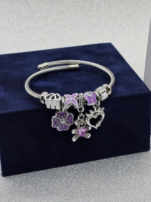 Charm Ayıcıklı Kalpli Mor Renkli Çelik Bileklik