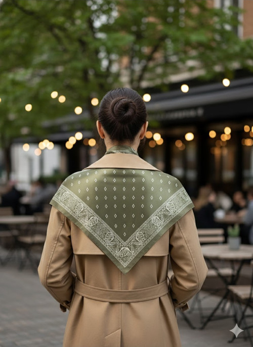 Saray Motif Yeşil Üçgen Fular Bandana Estacraft - 100x45 cm