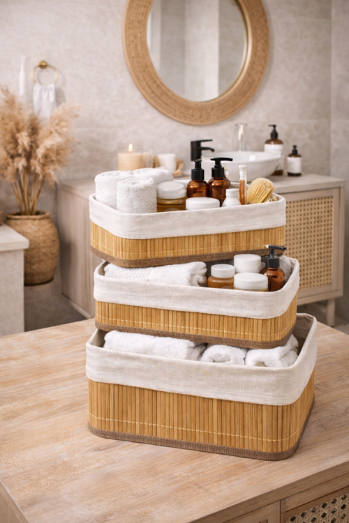 Üçlü Bambu Sepet Organizer Ev Düzenleyici Çok Amaçlı Mutfak Banyo Sepeti