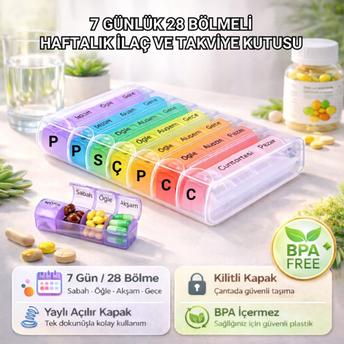 7 Günlük 28 Bölmeli Kilitli İlaç ve Takviye Kutusu l Yaylı Kutulu l BPA İçermez l Haftalık İlaç Kutusu