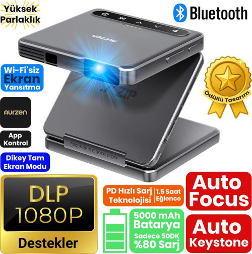 Aurzen ZIP Katlanabilir DLP 1080P Destekli Bataryalı Projeksiyon Cihazı +AutoFocus+AutoKeystone+Type-C Hızlı Şarj