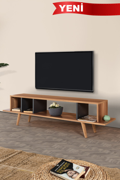 3646 Tire 160 Cm ( AHŞAP AYAKLI ) TV Ünitesi , Söğüt - Antrasit , Tv Sehpası