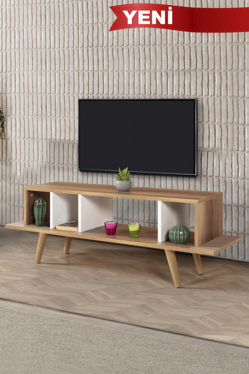 3347 Tire 130 Cm ( AHŞAP AYAKLI ) TV Ünitesi , Söğüt - Beyaz , Tv Sehpası