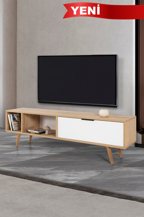 3640 Venüs 160 Cm ( AHŞAP AYAKLI , METAL KULPLU ) TV Ünitesi , Safir - Beyaz , Tv Sehpası , Salon