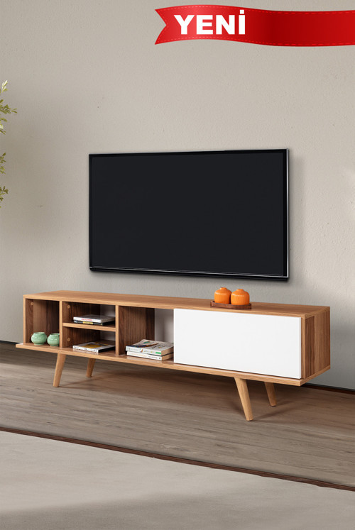 3633 Ela 160 Cm ( AHŞAP AYAKLI ) TV Ünitesi , Söğüt - Beyaz , Tv Sehpası , Oturma Odası , Salon