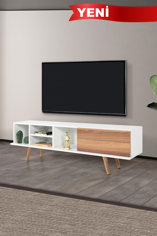 3630 Ela 160 Cm ( AHŞAP AYAKLI ) TV Ünitesi , Beyaz - Söğüt , Tv Sehpası , Salon , Oturma Odası