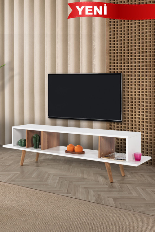 3648 Tire TV Ünitesi 160 Cm ( AHŞAP AYAKLI ) Beyaz - Söğüt , Tv Sehpası