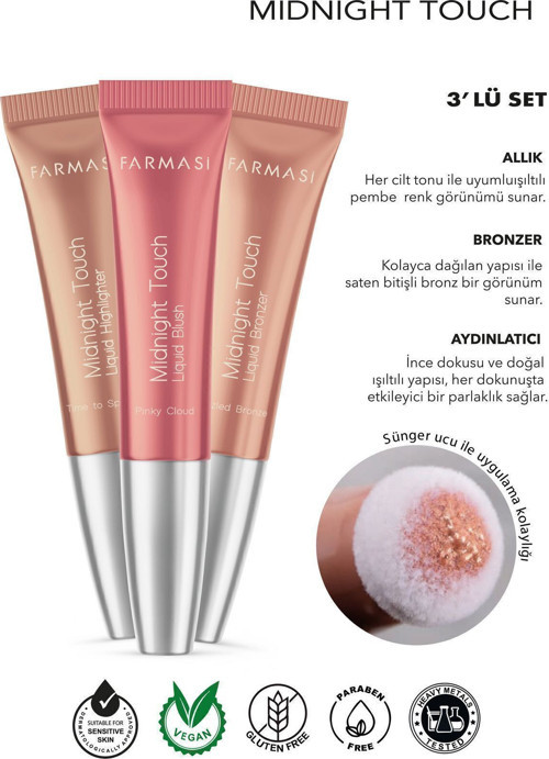 Midnight Touch Yumuşak Sünger Uçlu Set Likit Bronzlaştırıcı & Aydınlatıcı & Allık 12Ml X3
