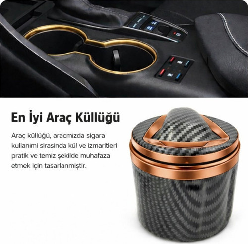 Üniversal Porselen Yanmaz Koku Geçirmez Mavi Işıklı Lüx Oto Küllük Dumansız Kapaklı GOLD RENK