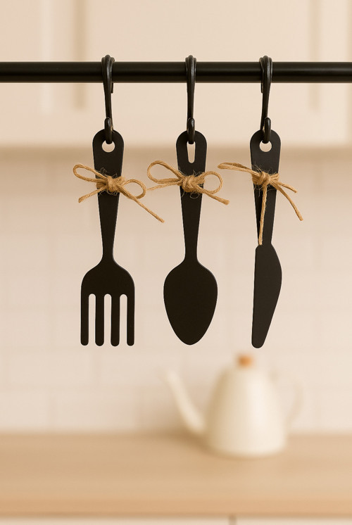 3 Parça Dekoratif Ahşap Çatal-Kaşık-Bıçak Seti Mutfak, Kahve Köşesi, Dolap, Raf, Askı Süsü(19 Cm)