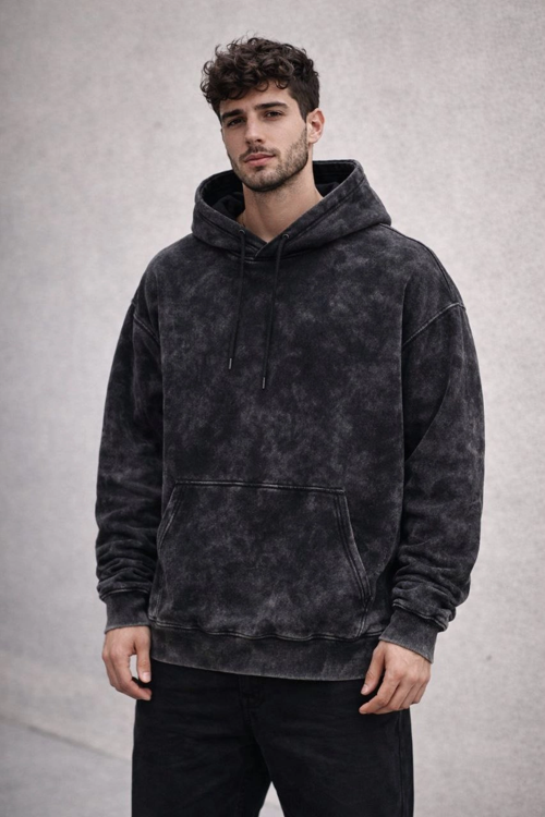 Erkek Yağ Yıkamalı Kapşonlu Double Oversize Üç İplik Pamuklu Sweatshirt - Siyah