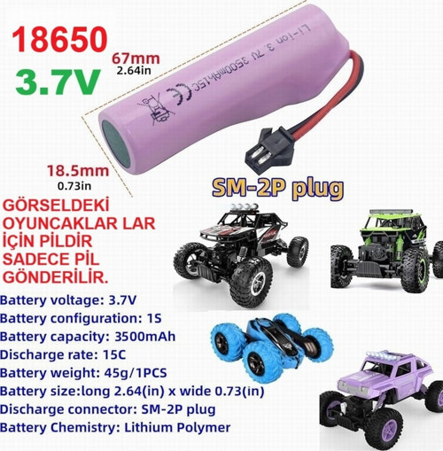 3.7V Siyah Soketli Oyuncak Araba Pili 3.7v 3500 Mah 18650 Li-ıon 18mm X 66mm