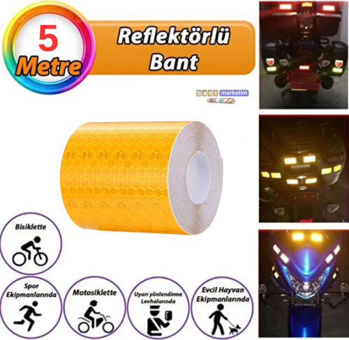 Reflektörlü Reflektif Fosforlu Şerit Bant Petekli Reflekte İkaz Bandı 5 cm x 5 Metre Sarı