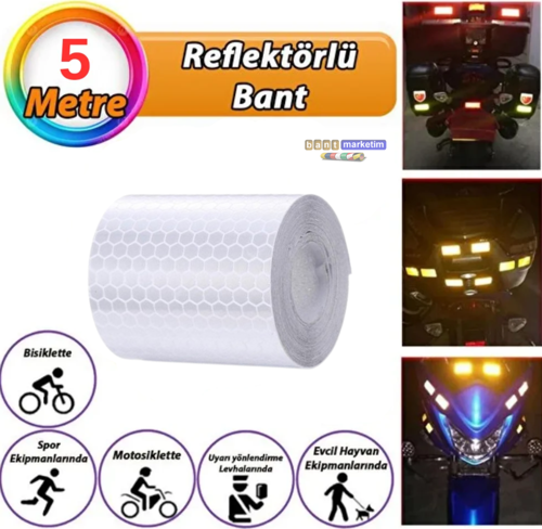 Reflektörlü Reflektif Fosforlu Şerit Bant Petekli Reflekte İkaz Bandı 5 cm x 5 Metre Beyaz