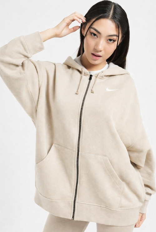 Sportswear Essentials Oversize Fleece Full Zip Hoodie Kadın Oversize Kapüşonlu Sweatshirt Krem