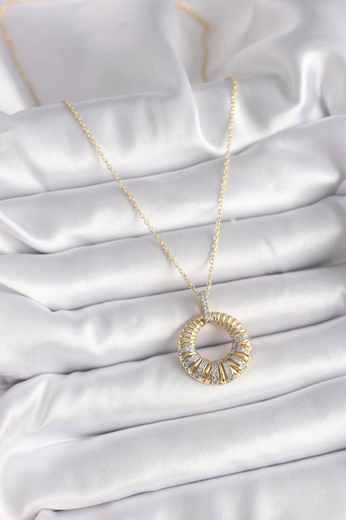 Gold Renk Gümüş Zirkon Taşlı Kadın Kolye (316L Çelik)