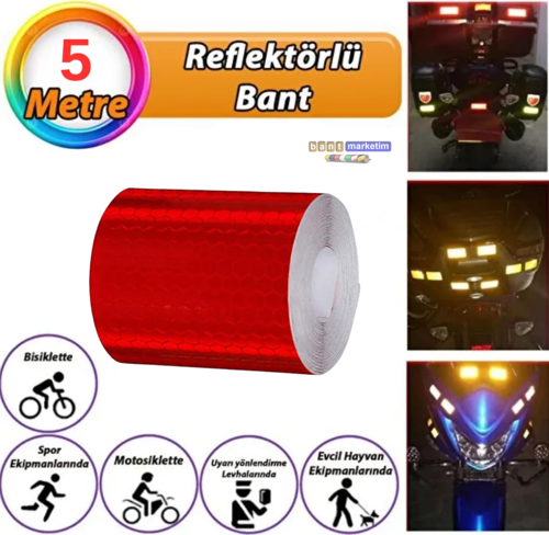 Reflektörlü Reflektif Fosforlu Şerit Bant Petekli Reflekte İkaz Bandı 5 cm x 5 Metre Kırmızı