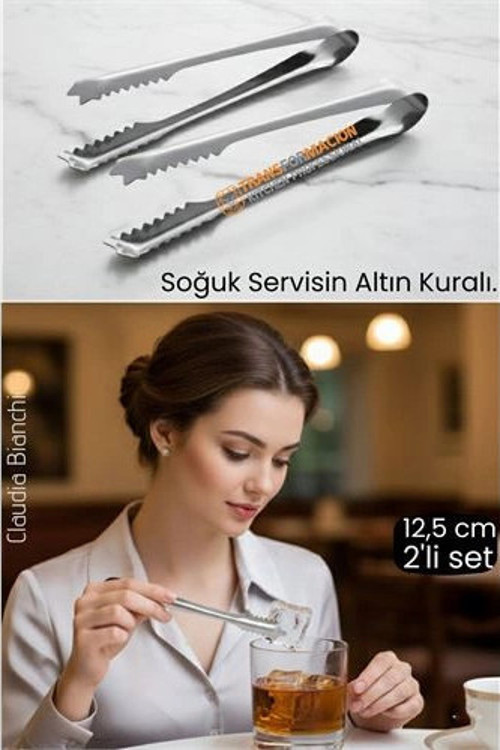 Profesyonel Bar Serisi 2'li Paslanmaz Çelik Buz Maşası Seti | Kokteyl & Sunum İçin Kaydırmaz Kavrama