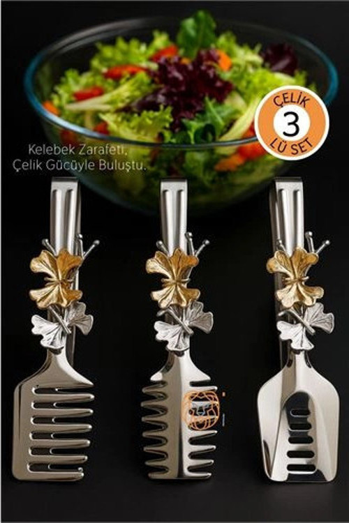 Kelebek Figürlü 3’lü Paslanmaz Çelik Servis Maşası Seti - Salata, Pasta ve Izgara Maşası