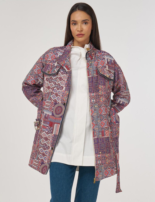 Desenli Dik Yaka Ceket İndigo