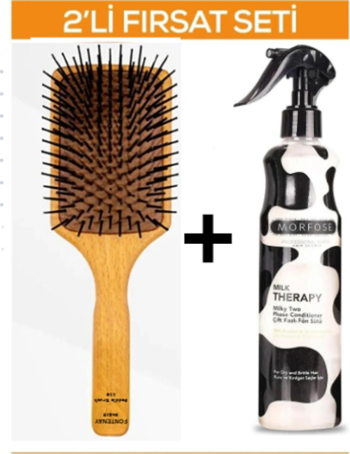 Profesyonel Saç Açma Fırçası 119 Paddle Brush + Milk Therapy Fön Sütü 400 ml 2'li Set